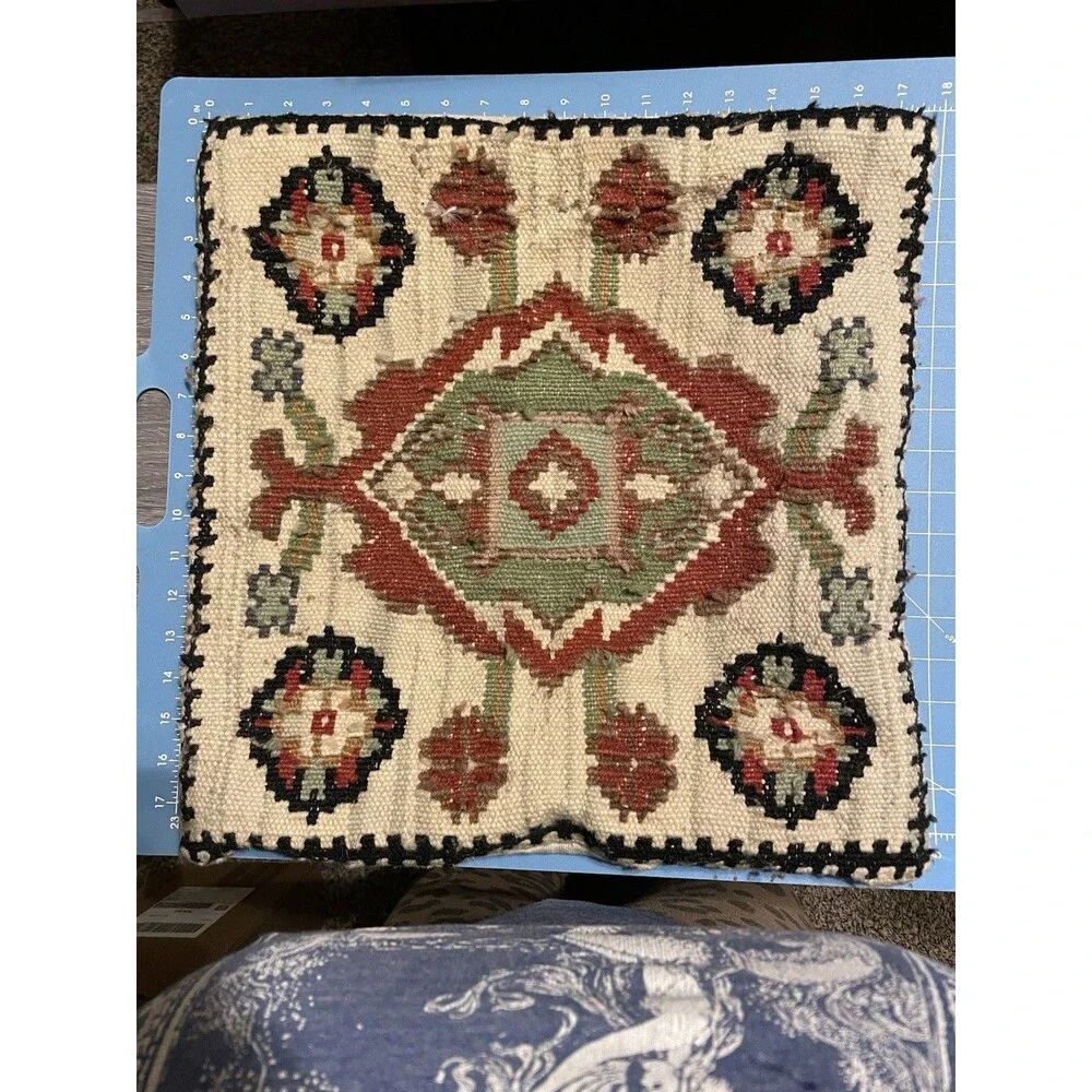 Vintage Kilim Pillow Cushion Cover Square 100% Wool Jute Home Décor Pillows 17”